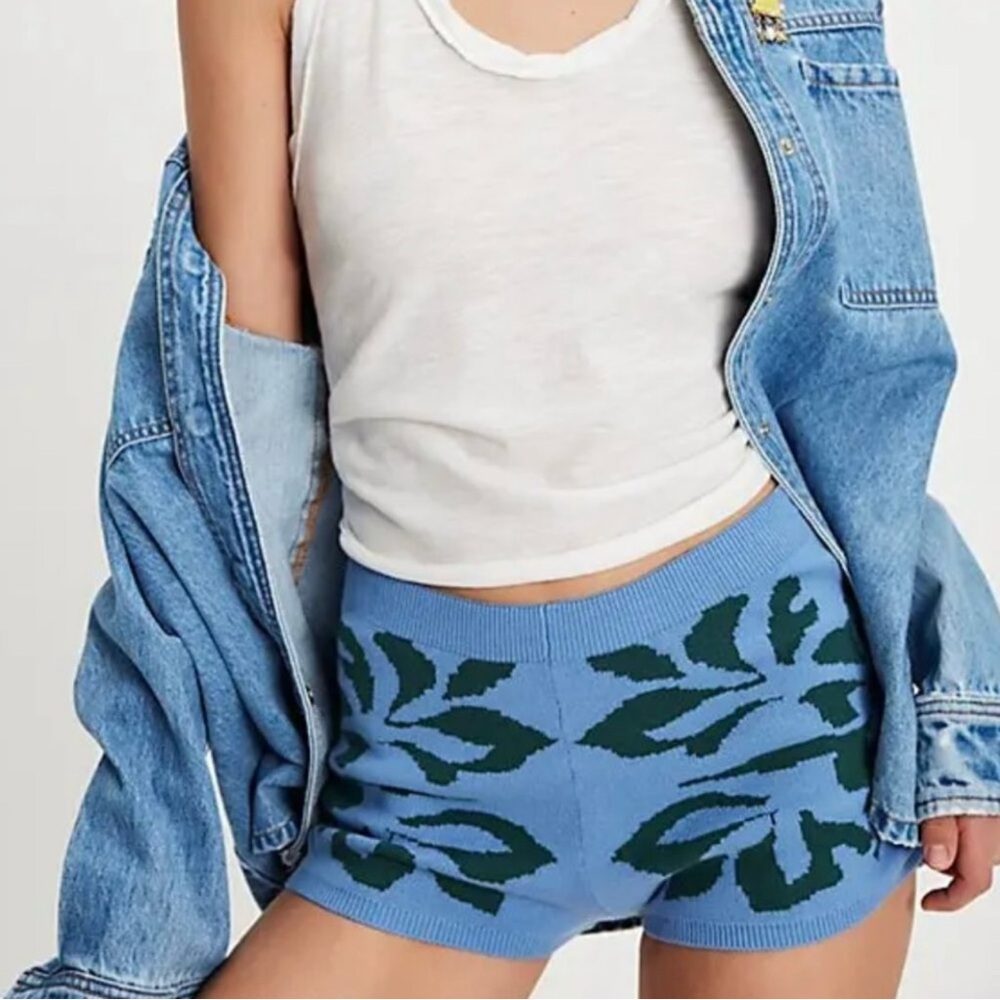 Free People Blue Knit Shorts with Dark Green Leaf Motif
